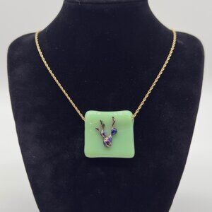 Art Glass Pendant 10K Yellow Gold Necklace Green Square Fused Raised Abstract